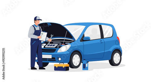 Mechanic Inspecting Car Engine Hood Open.