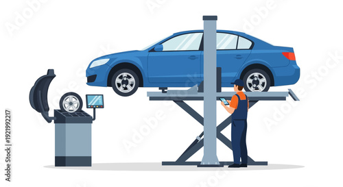 Mechanic Inspecting Blue Car on Lift.