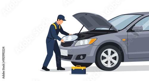 Mechanic inspecting car engine with hood open.