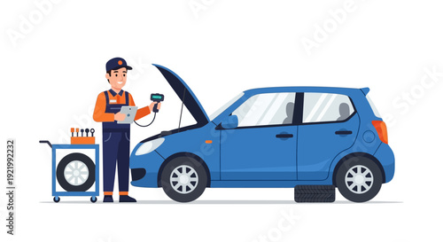 Mechanic Inspecting Car Engine with Diagnostic Tool.
