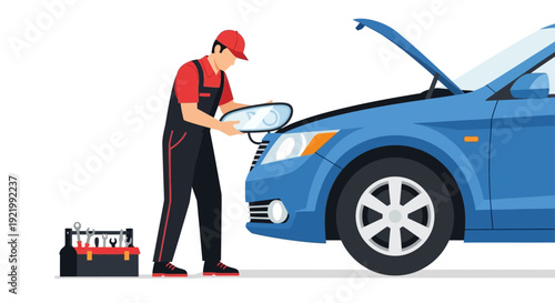 Mechanic Inspecting Car Engine with Toolbox Nearby.