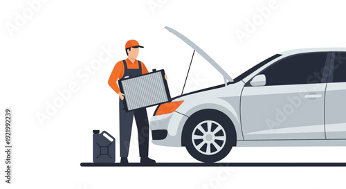 Mechanic Inspecting Car Engine with Hood Open.