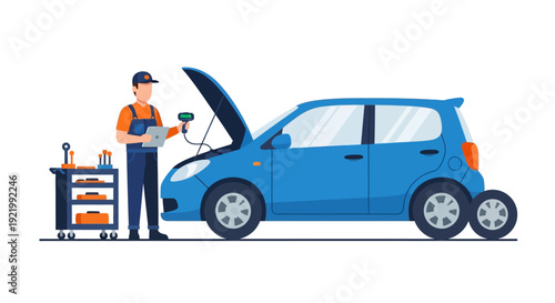 Mechanic Inspecting Car Engine with Tools.