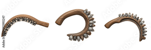 Foto Wooden sickle with stone teeth, prehistoric harvesting tool, Neolithic and Paleo