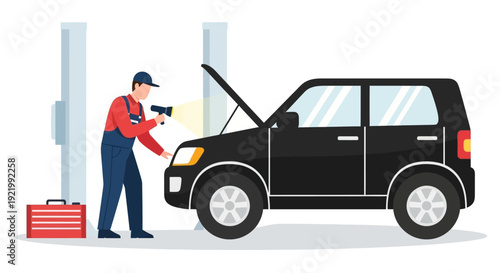 Mechanic Inspecting Car Engine with Torch.