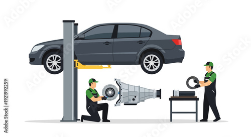 Mechanic Inspecting Car on Hydraulic Lift.