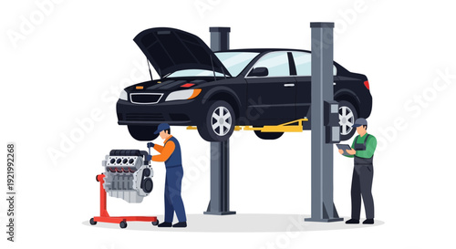 Mechanic Inspecting Car on Lift in Garage.