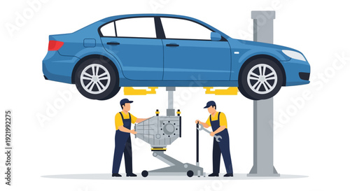 Mechanic Inspecting Car on Lift in Garage.