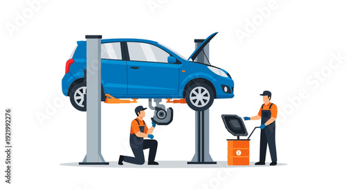 Mechanic Inspecting Car on Lift in Garage.