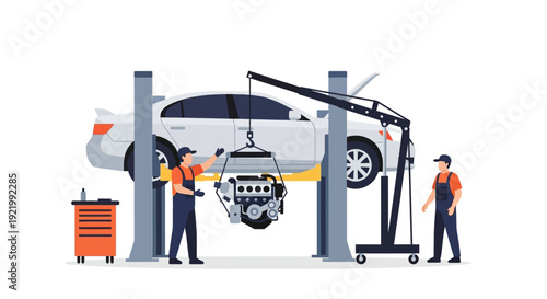 Mechanic Inspecting Car on Lift in Garage.