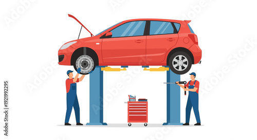 Mechanic Inspecting Car on Lift in Garage.