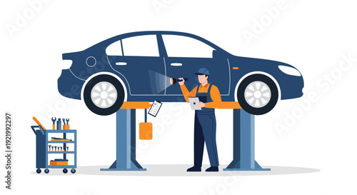 Mechanic Inspecting Car on Lift in Garage.