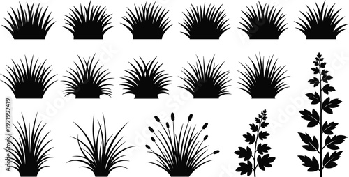 Black grass silhouettes set featuring various wild meadow plants lawn tufts herbal weeds and leaf branch elements for nature landscape design and garden vector