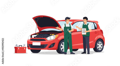 Mechanic Inspecting Red Car with Owner.
