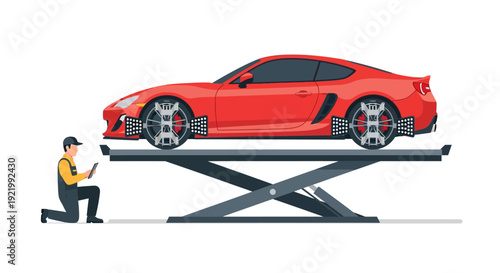 Mechanic Inspecting Red Sports Car on Lift.