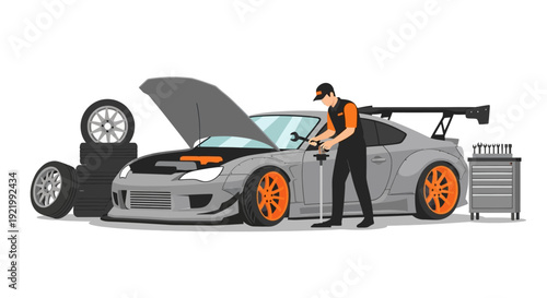 Mechanic Inspecting Sports Car Engine.