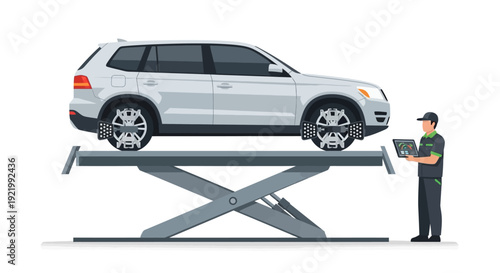 Mechanic Inspecting SUV on Hydraulic Lift.