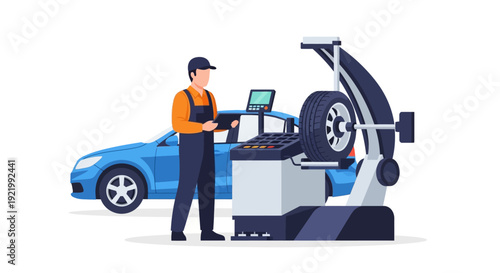 Mechanic Inspecting Tire on Balancing Machine.