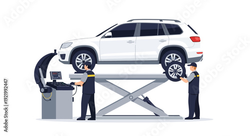 Mechanic Inspecting White SUV on Lift.