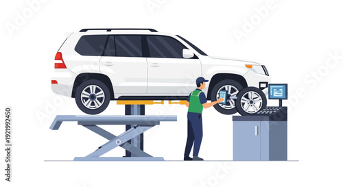 Mechanic Inspecting White SUV on Lift.