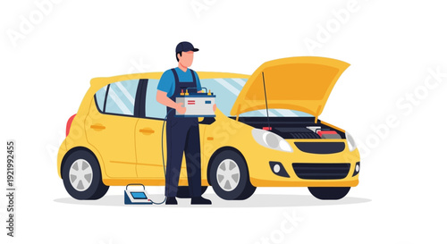 Mechanic Inspecting Yellow Car with Open Hood.