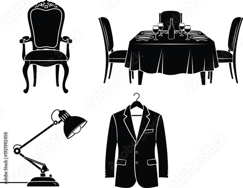 Black silhouettes of luxury royal armchair elegant dining table set with wine glasses desk lamp and professional formal business suit jacket for vector design