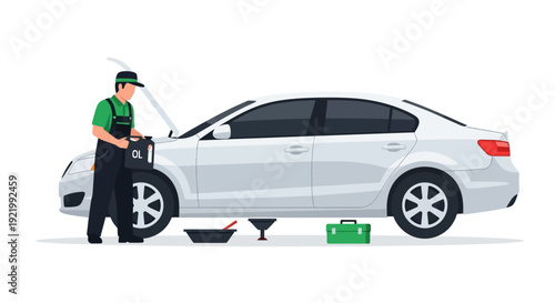 Mechanic Repairing Car Engine with Tools.