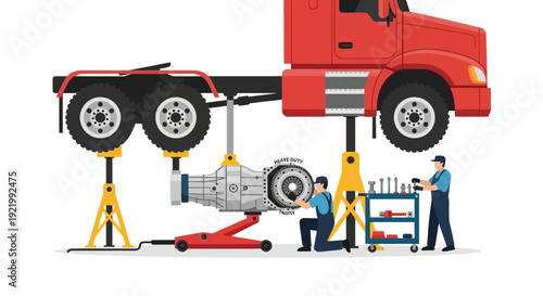 Mechanic Repairing Truck on Hydraulic Lift.