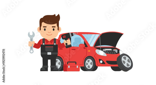 Mechanic Standing Beside Red Car with Open Hood.