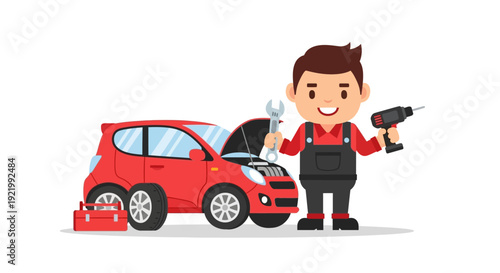 Mechanic Standing Next to Red Car.