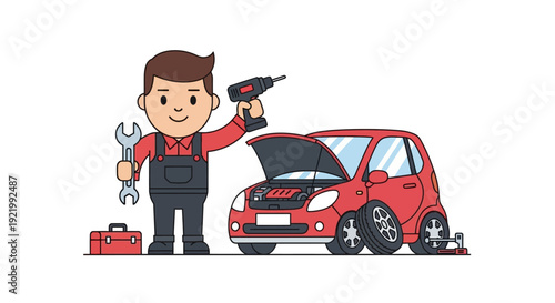 Mechanic Standing Next to Red Car.