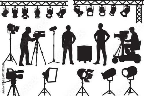 Film and stage production silhouette vector set showing lighting rigs, crew, cameras and studio equipment for concert events and video filming isolated on white background