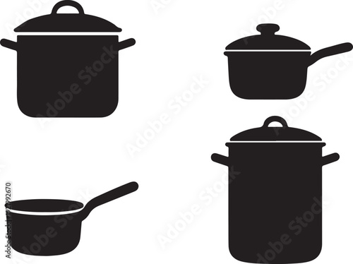 Four black silhouette kitchen pots and pans in flat vector style