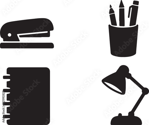 Office desk essentials silhouette collection, stapler, pen holder, notebook and lamp icons