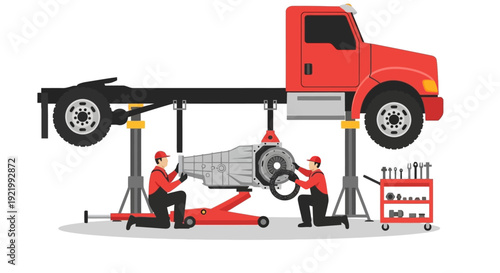 Truck Maintenance Workers Repairing Vehicle on Lift.