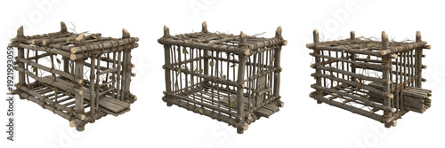 Foto Primitive animal trap cage, prehistoric hunting and trapping implement, Paleolit