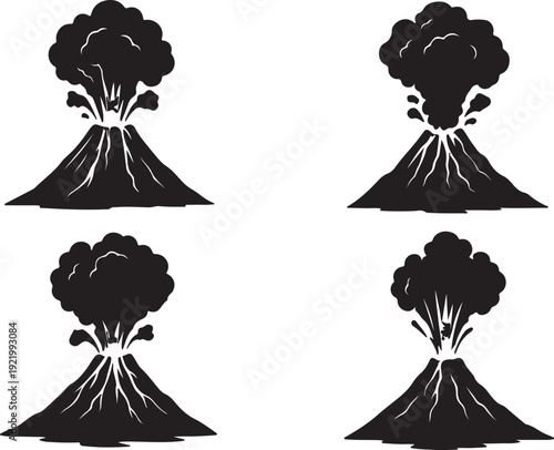  Volcano eruption silhouettes collection showing erupting mountains with lava, ash and smoke, black and white vector illustrations