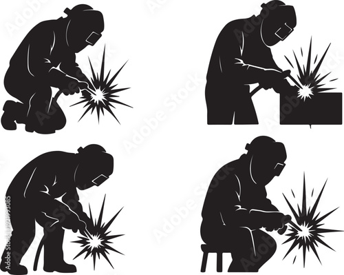  Welder Worker Silhouette Collection Performing Arc Welding with Protective Helmet and Bright Sparks Isolated on White Background