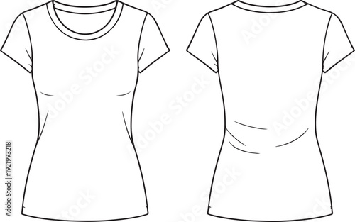 Women fitted t shirt front and back view technical sketch, apparel mockup design