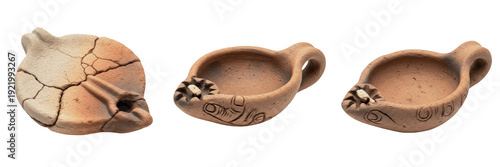 Canvas Print Primitive clay oil lamp, prehistoric lighting tool, Paleolithic and Neolithic fi