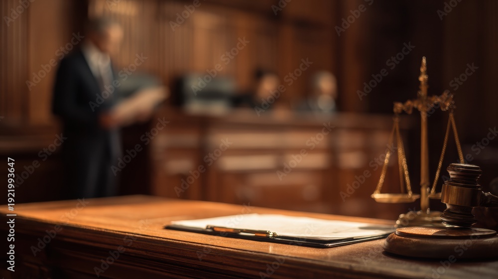 Obraz premium Family Court Hearing With Lawyer Presenting Documents at Judge Bench in Neutral Courtroom Interior