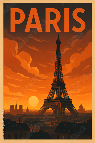 Vintage Paris Travel Poster Illustration with Eiffel Tower at Sunset