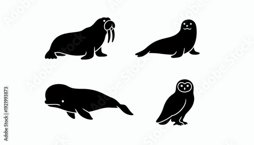 Polar Marine and Arctic Wildlife Silhouette Set with Walrus, Ringed Seal, Beluga Whale, and Snowy Owl Vector Pack