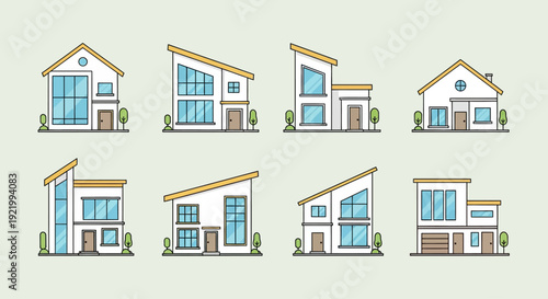 Abstract house big set. Flat colored city buildings, house exterior neighborhood icons. Vector isolated illustration