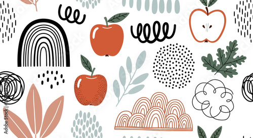 Assorted fruit and foliage illustrations arranged in a visually appealing composition on a plain background from a straightforward viewpoint