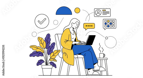 Woman working on laptop surrounded by plants and digital icons in a serene workspace from a top-down viewpoint