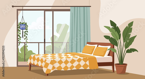 A serene bedroom scene with bed, pillows, and plants viewed from outside the window
