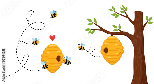 Bees flying around beehives near a tree with green leaves in a serene natural environment from a distant viewpoint