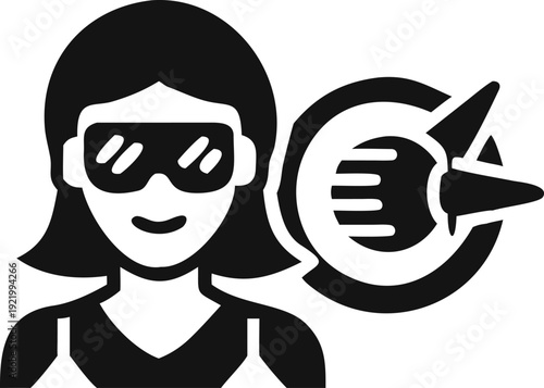 A smiling woman wears sleek virtual reality goggles next to a euro currency symbol