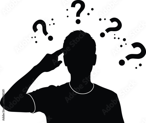 Confused man silhouette with question marks thinking and pointing to head, symbolizing doubt, problem solving, decision making, psychology, and mental challenge concepts